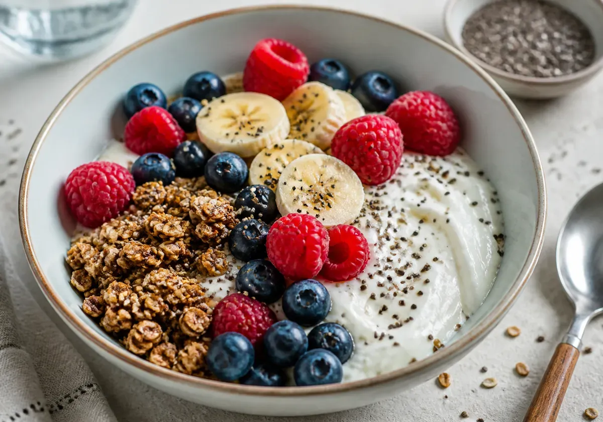 Bowl petit-déjeuner coloré avec fruits frais et granola