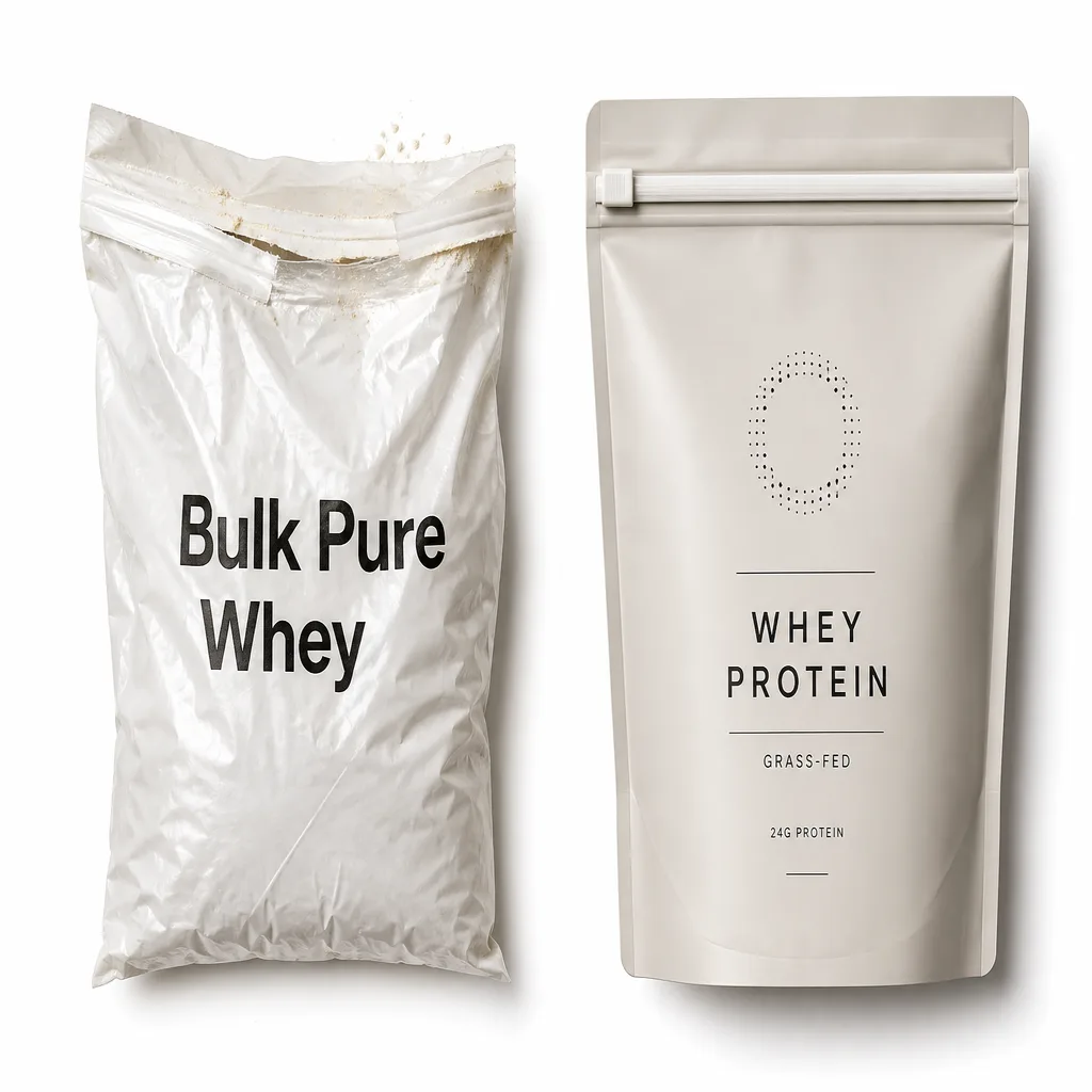 Comparaison packaging Bulk Pure Whey : zip lock défaillant à gauche vs fermeture premium à droite