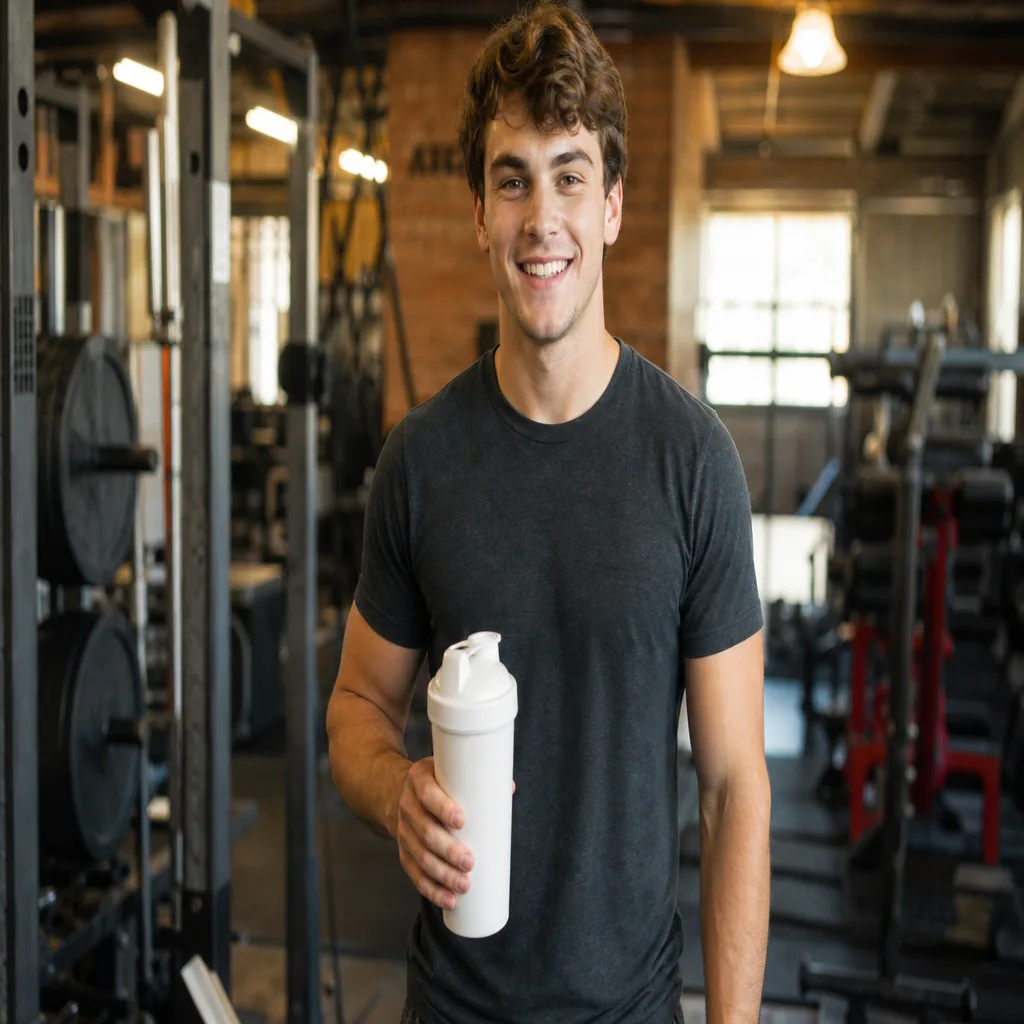 Jeune sportif avec budget serré tenant un shaker de whey — profil cible de la Bulk Pure Whey