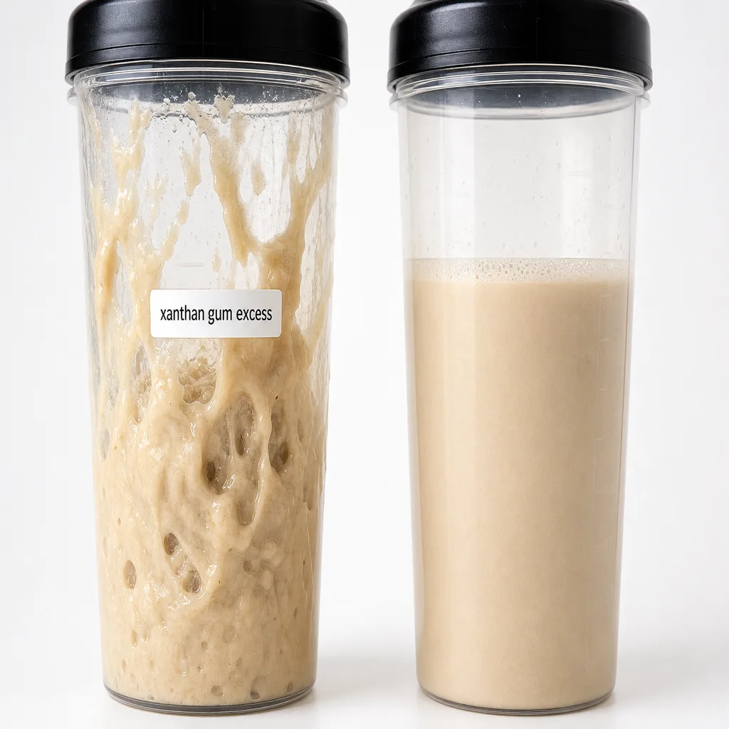 Texture gluante et visqueuse de la Bulk Pure Whey dans un shaker — excès de gomme de xanthane visible
