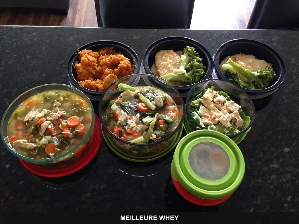 Repas préparés à l'avance dans des bols avec poulet, légumes et patates douces, planification des macronutriments