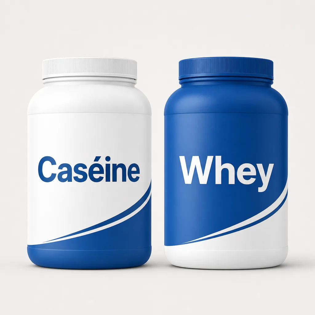 Deux contenants de protéines côte à côte — caséine à gauche et whey à droite — illustrant le comparatif caséine vs whey