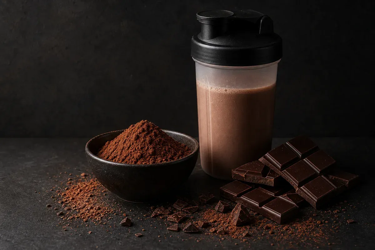 Poudre de cacao maigre à côté d'un shaker de whey chocolat — la qualité du cacao détermine le goût final