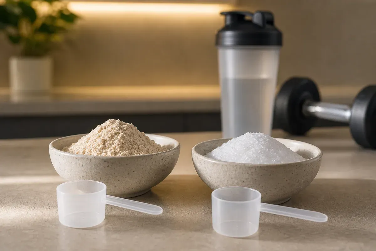 Deux bols côte à côte avec poudre de whey et créatine monohydrate, une dosette devant chacun