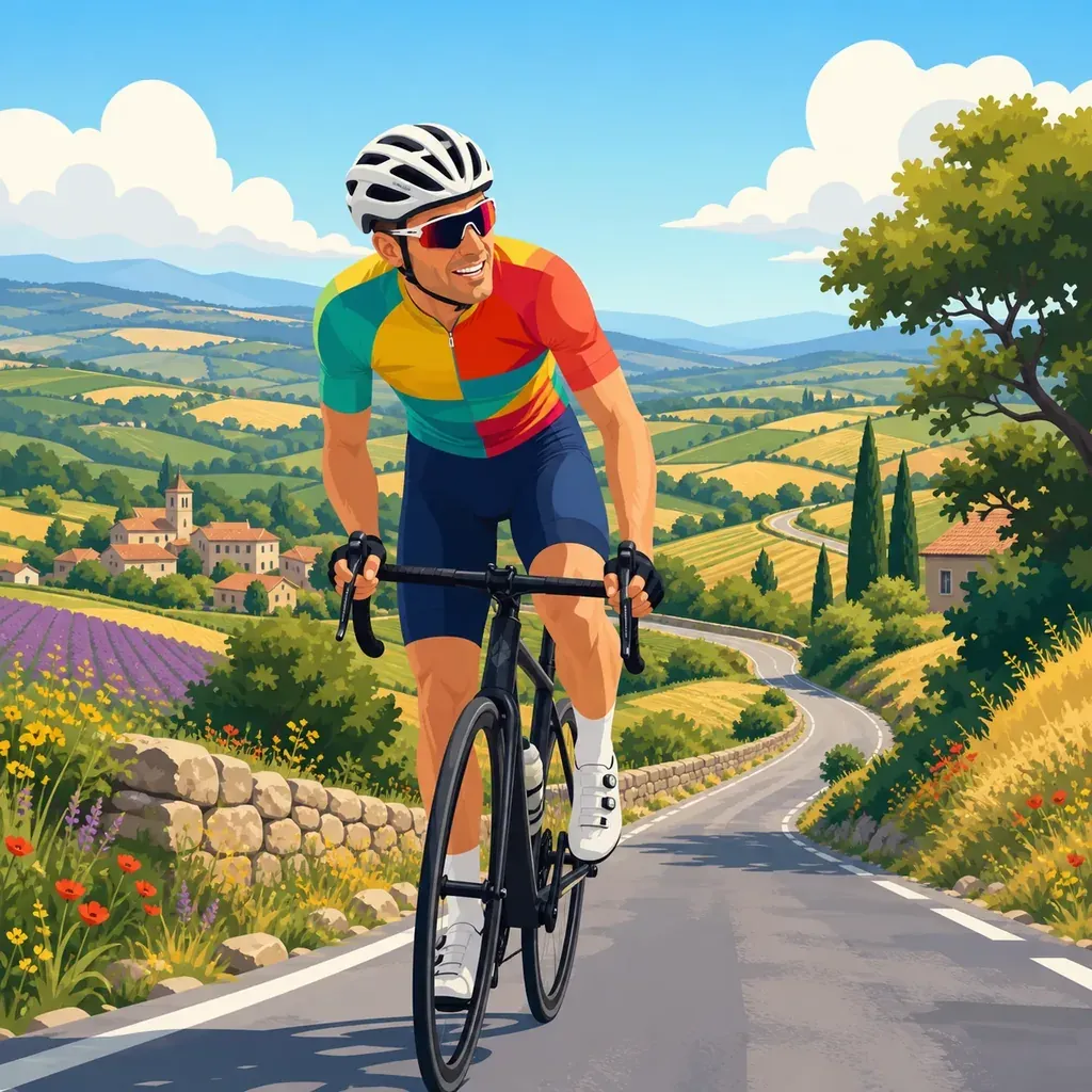 Cycliste sur route en maillot coloré grimpant une côte de campagne, effort d'endurance prolongé