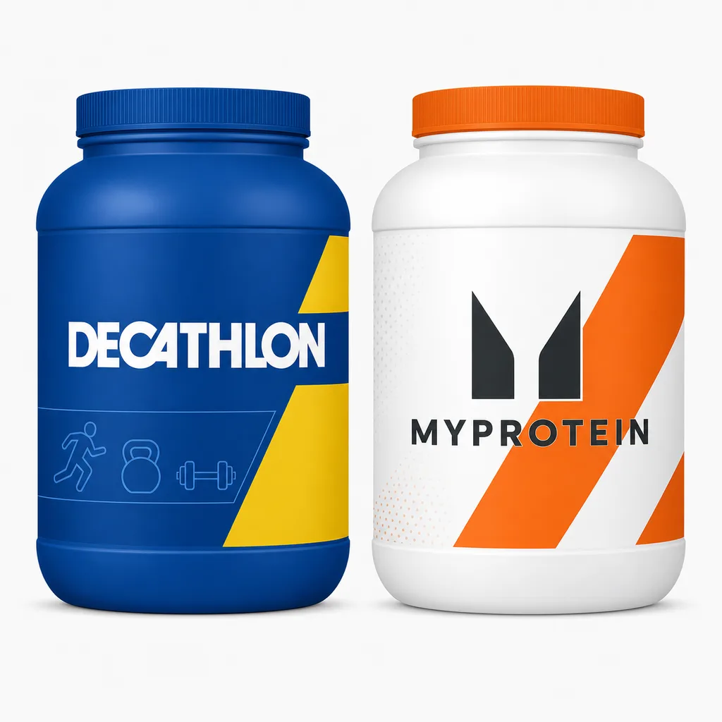 Deux contenants de protéines whey côte à côte — packaging Decathlon bleu/jaune à gauche et Myprotein orange/blanc à droite
