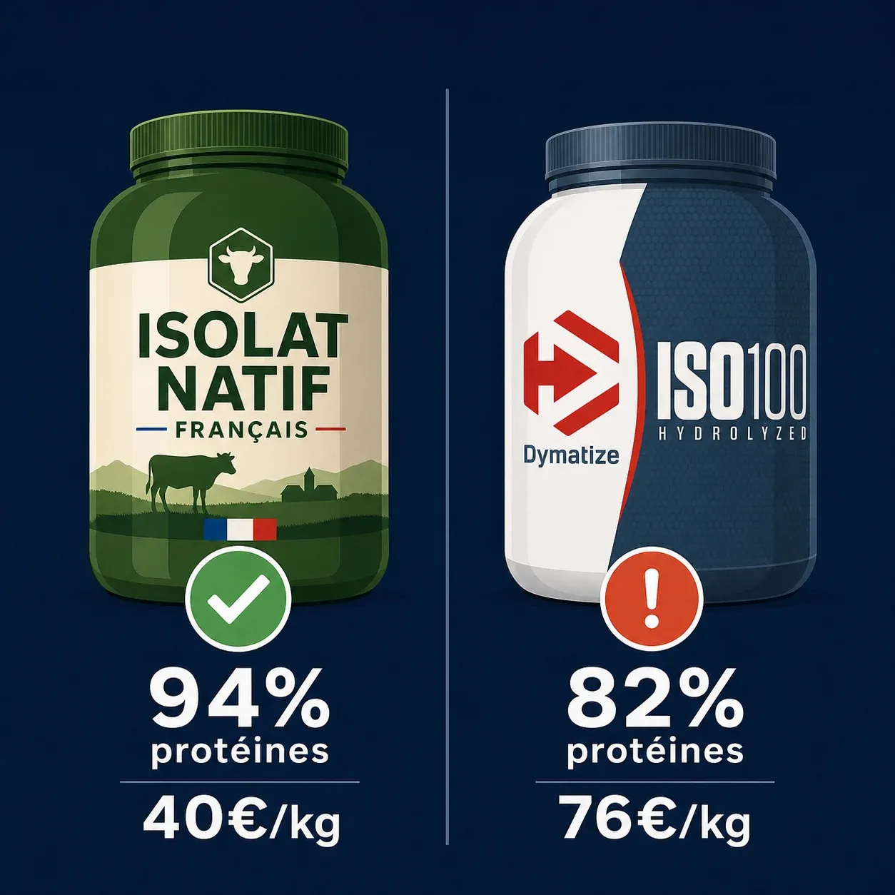 Comparaison prix Dymatize ISO100 vs isolates françaises Nutriforce et Nutripure — coût au kilo, taux de protéines et traçabilité du lait