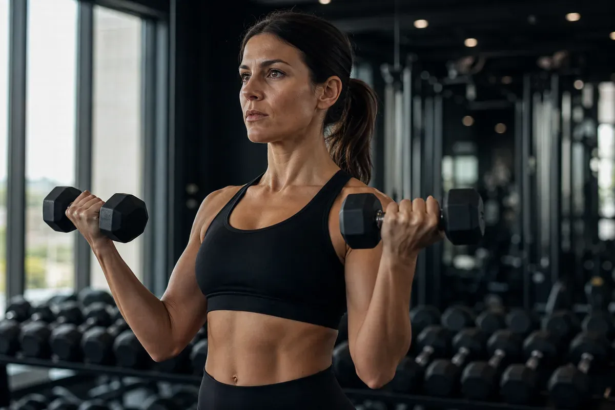 Femme soulevant des haltères en salle de gym — musculation féminine et apport protéique pour la tonification musculaire
