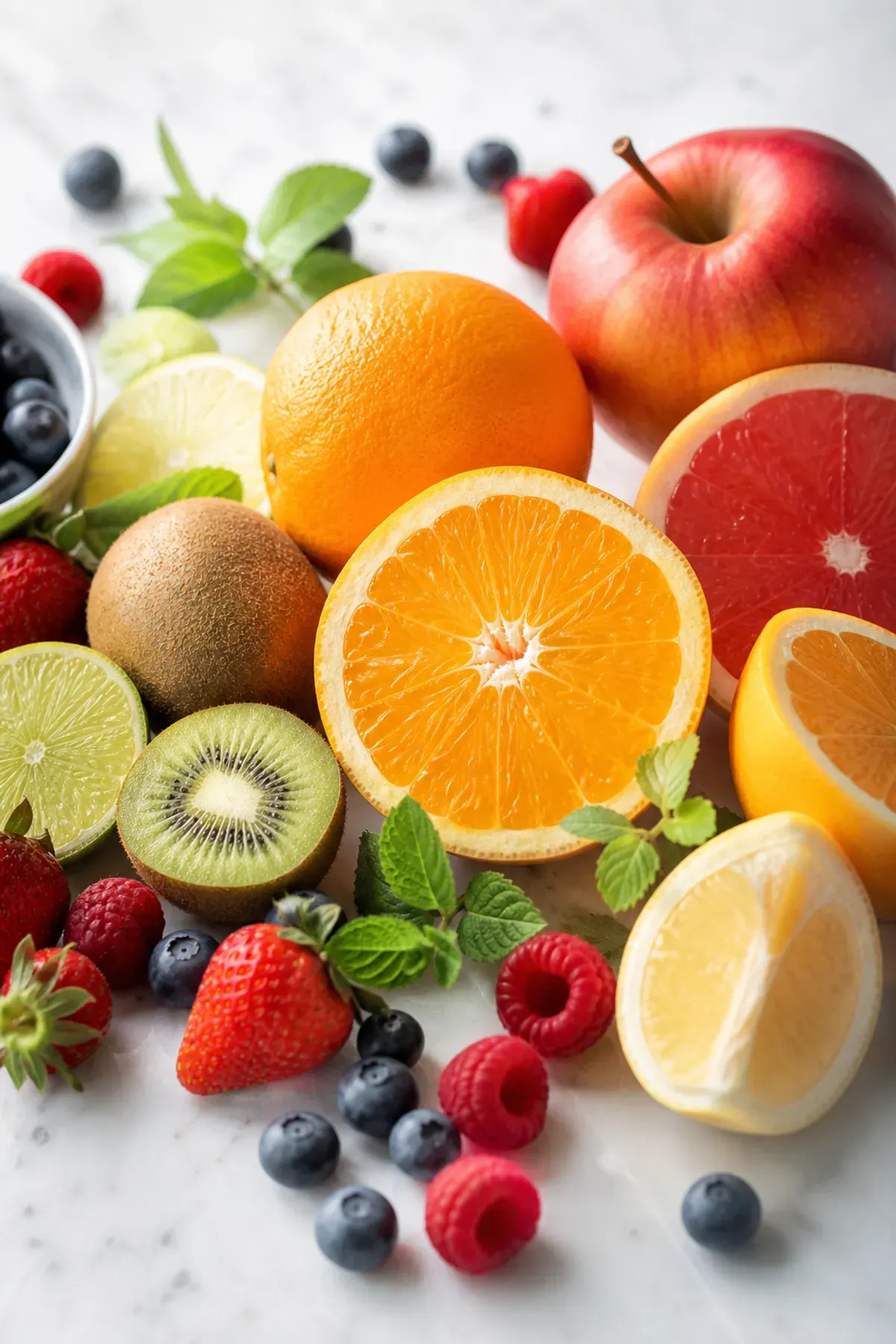 Aliments anti-inflammatoires naturels : fruits frais et légumes colorés riches en antioxydants