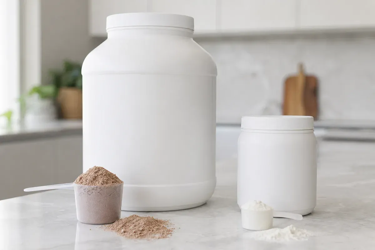 Pot de gainer et pot de whey protéine côte à côte — comparaison des rapports protéines/glucides/calories pour la prise de masse