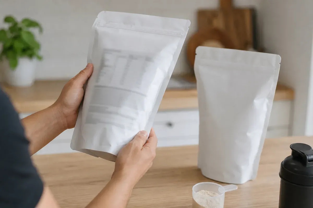Examen du tableau nutritionnel au dos de deux sachets de whey protéine pour comparer taux de protéines, additifs et origine du lait