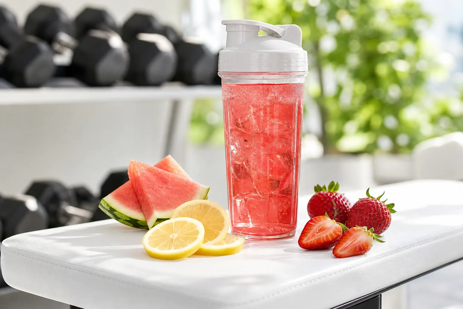 Shaker transparent avec clear whey fruitée entouré de fraises, pastèque et citron sur banc de gym