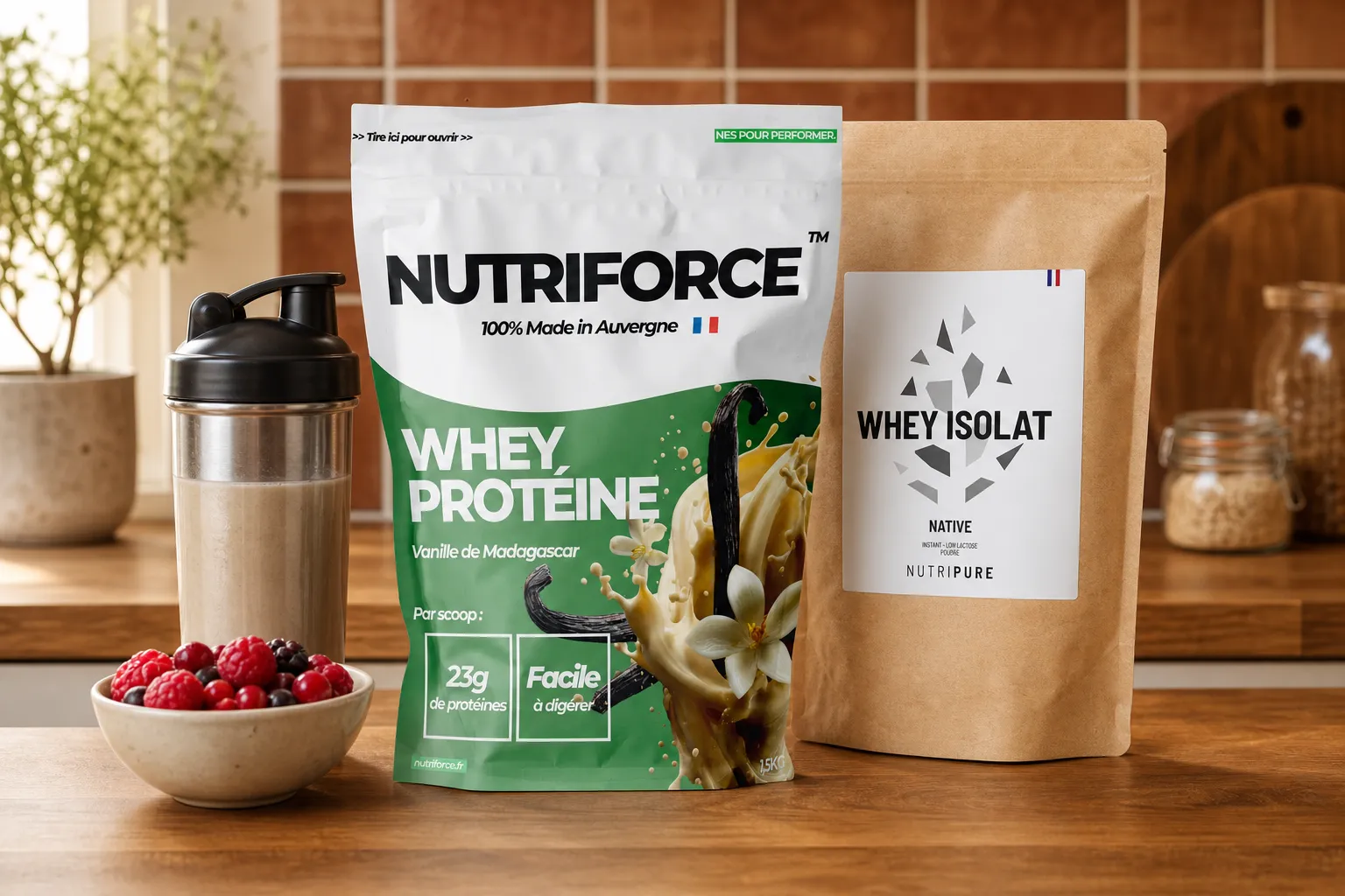 Meilleure whey pour femme 2026 — Nutriforce et Nutripure avec shaker et fruits rouges sur un plan de travail clair
