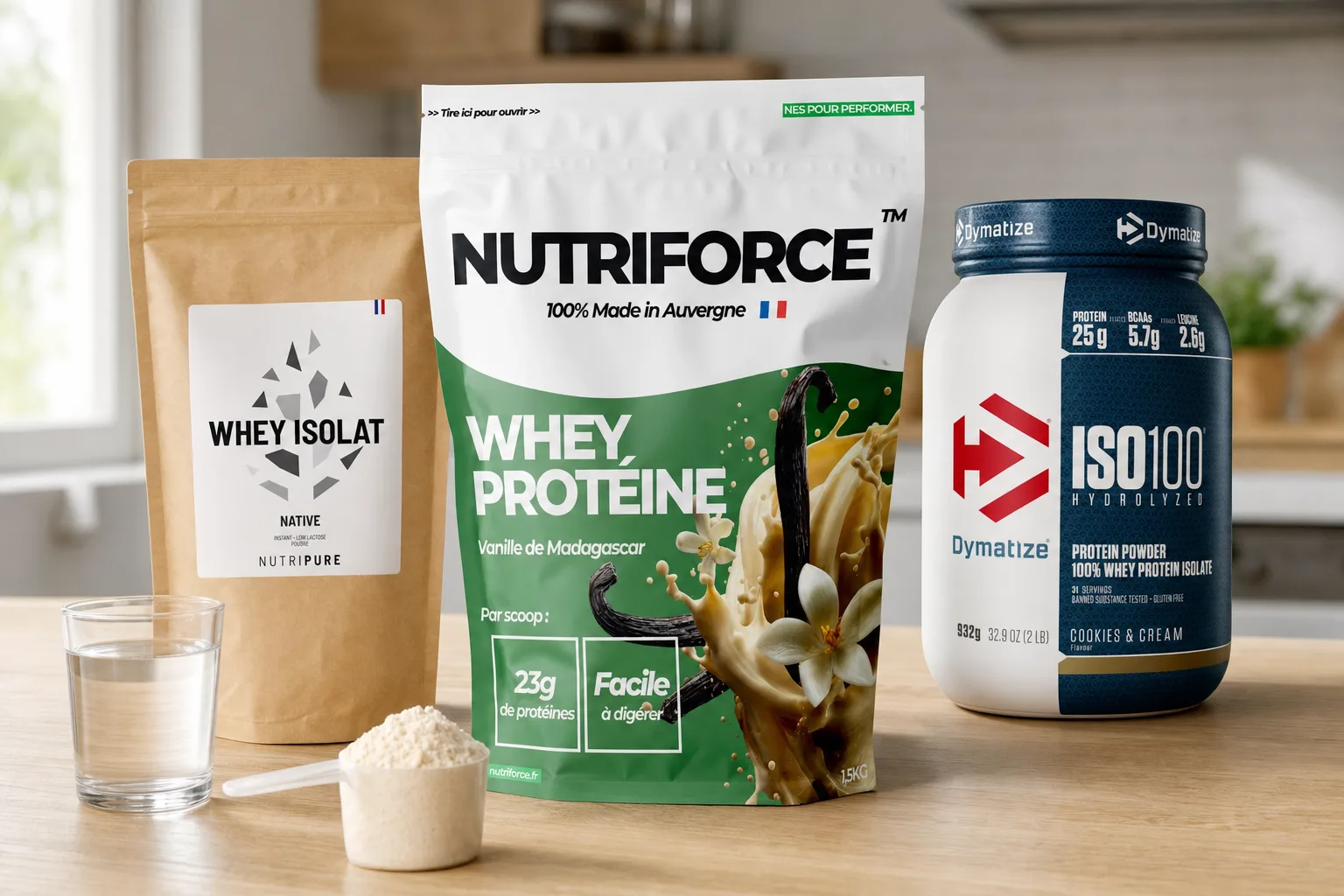 Meilleures whey isolate 2026 — Nutriforce, Nutripure Whey Isolat et Dymatize ISO100 en cuisine, profil sèche et pureté