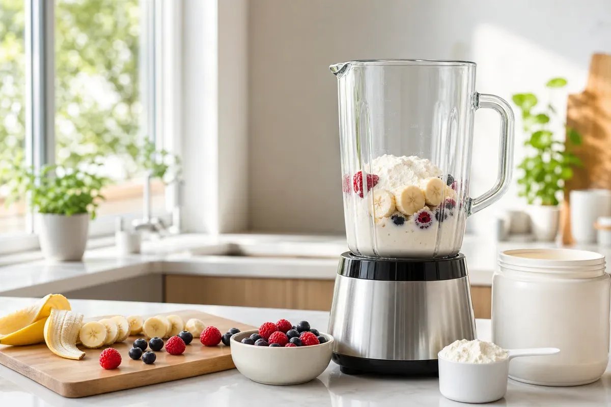 Préparer sa whey avec des fruits dans un blender — astuce pour améliorer le goût fade de la whey Decathlon Corength