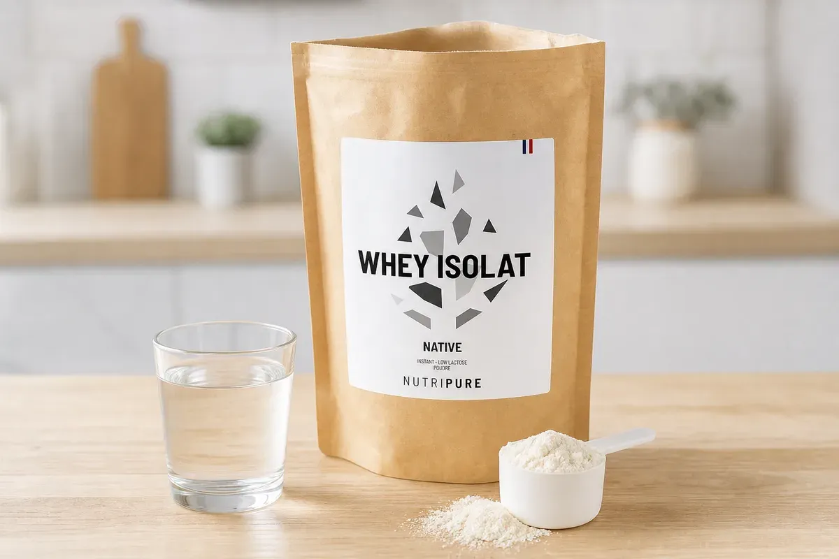Sachet kraft Nutripure Whey Isolat Native ouvert sur un plan de travail, avec une dosette de poudre blanche et un verre d'eau