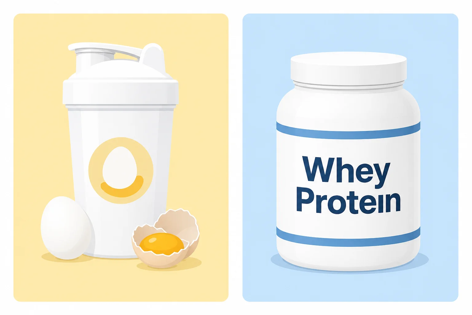 Protéine d'œuf en poudre avec œuf entier à gauche contre tub de whey protéine à droite — comparatif sources de protéines