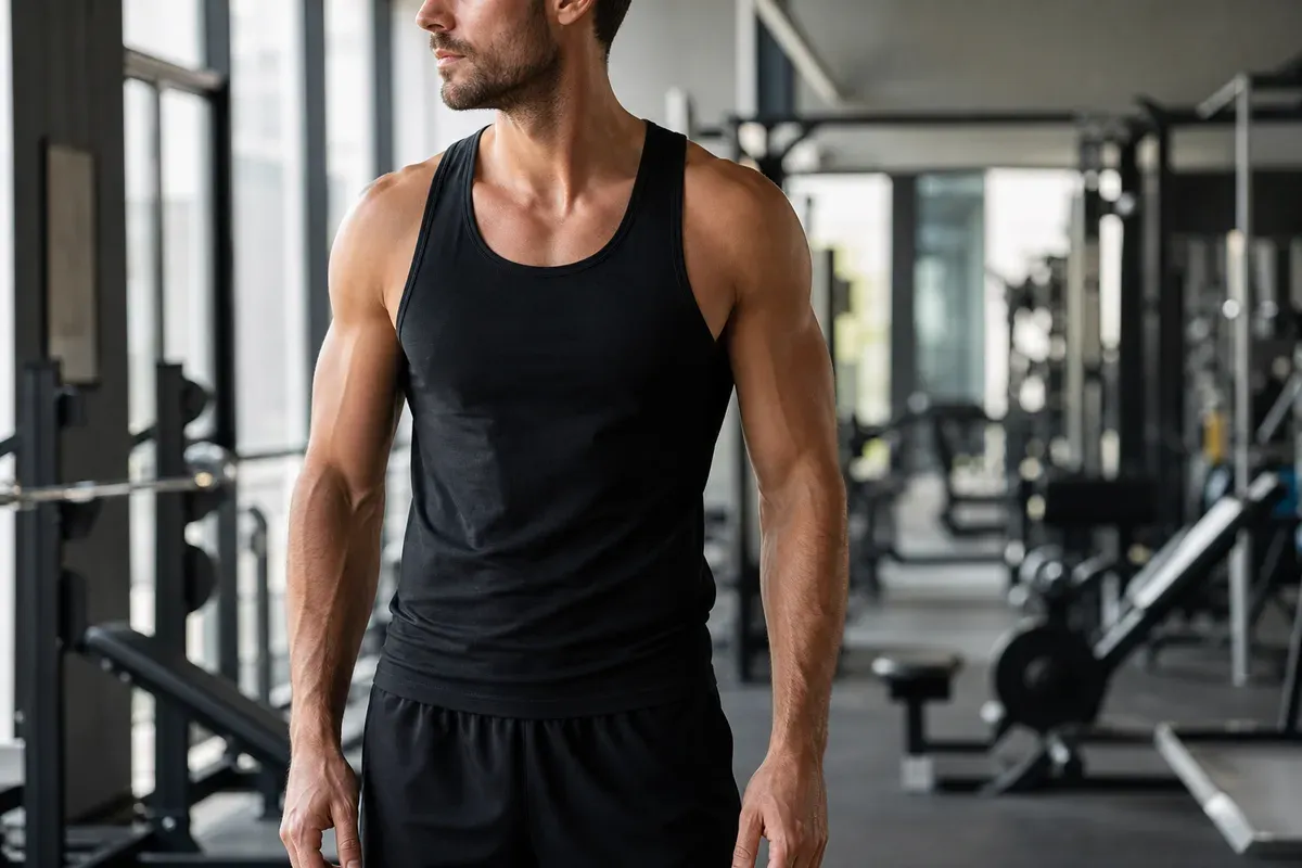 Sportif en phase de sèche avec définition musculaire visible — résultat d'une alimentation riche en protéines isolate et faible en glucides