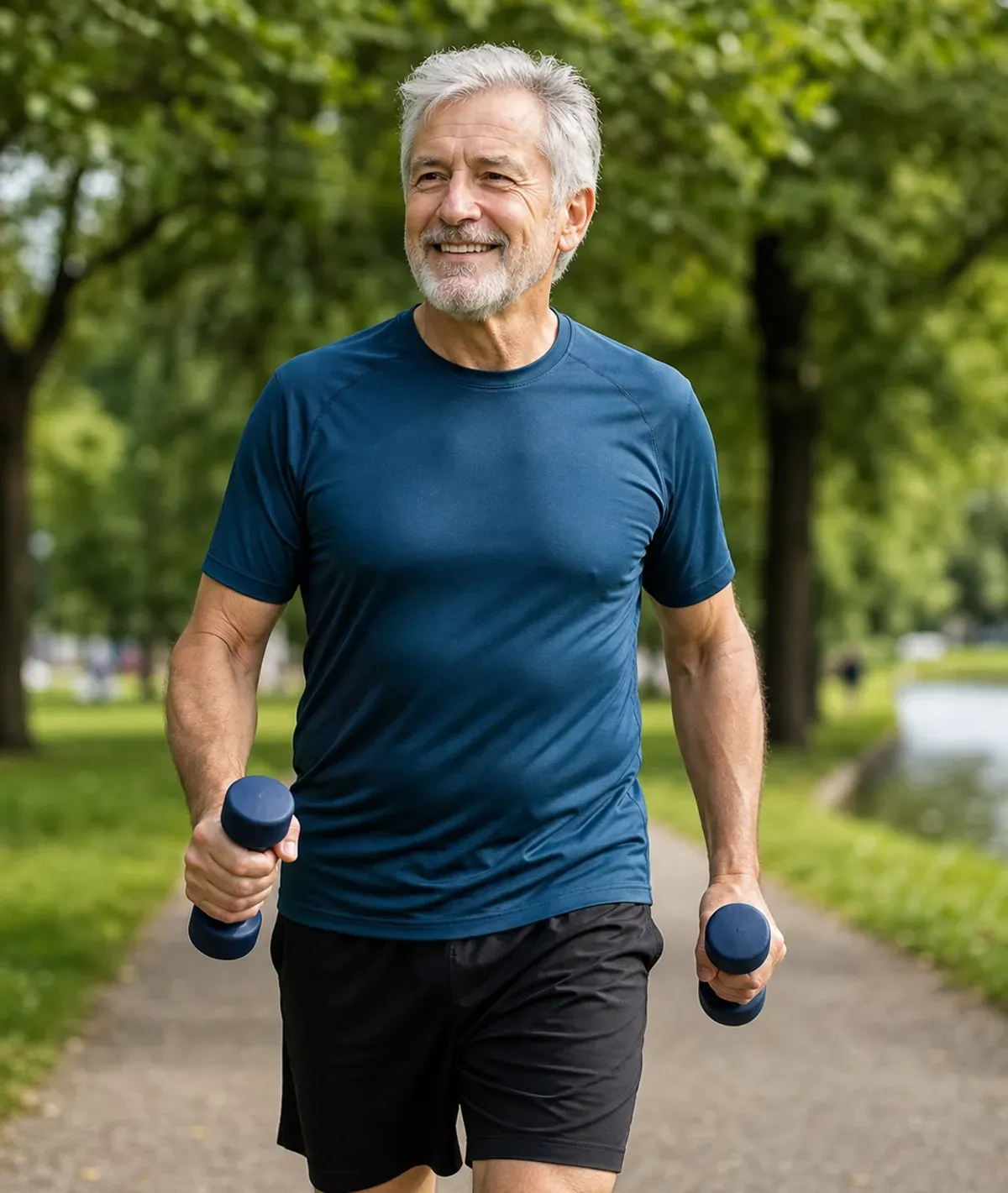 Senior actif pratiquant le sport en plein air — chez les personnes de plus de 65 ans, l'impact de la whey sur le métabolisme lipidique mérite un suivi médical adapté