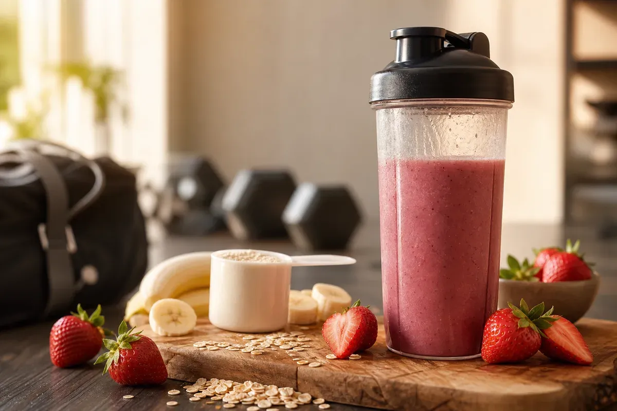 Shaker de smoothie protéiné aux fruits rouges entouré de fraises, banane et flocons d'avoine