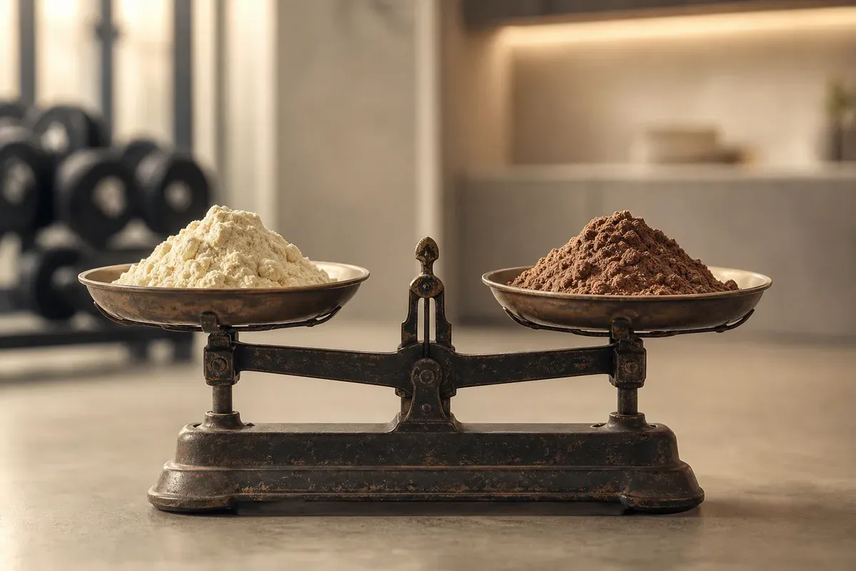 Balance à deux plateaux avec deux poudres de whey, illustration du comparatif Foodspring vs Myprotein