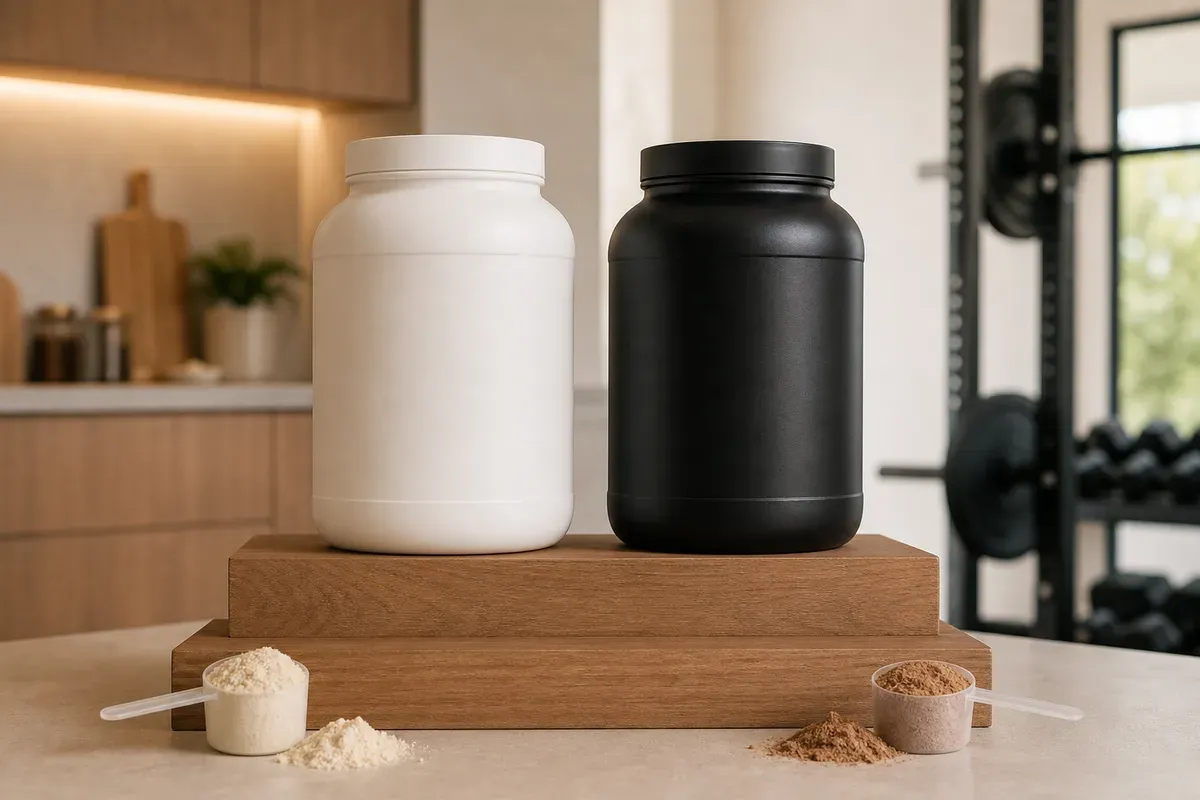 Deux pots de protéine sans étiquette sur un podium, illustration du comparatif Decathlon vs Nutriforce