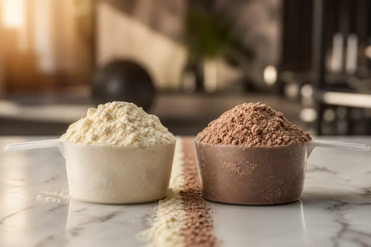 Deux dosettes de whey vanille et chocolat face à face, illustration du comparatif Optimum Nutrition vs Myprotein