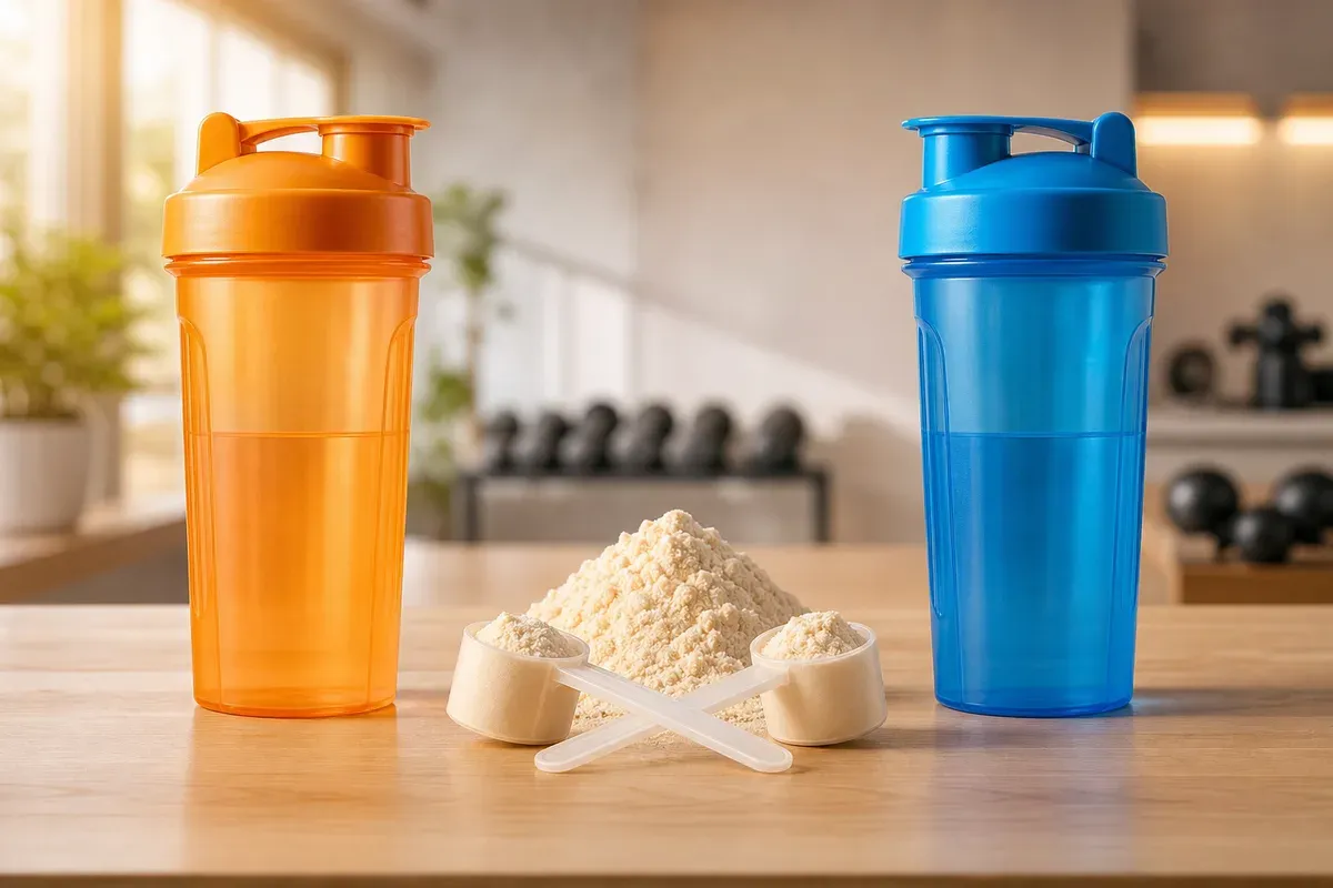 Deux shakers de whey face à face — illustration du duel Nutriforce vs Myprotein