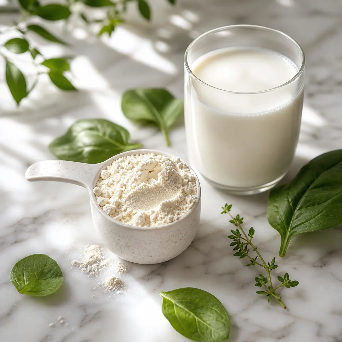 Poudre de whey protéine biologique avec des feuilles vertes et un verre de lait sur un plan de travail en marbre — guide choix whey bio