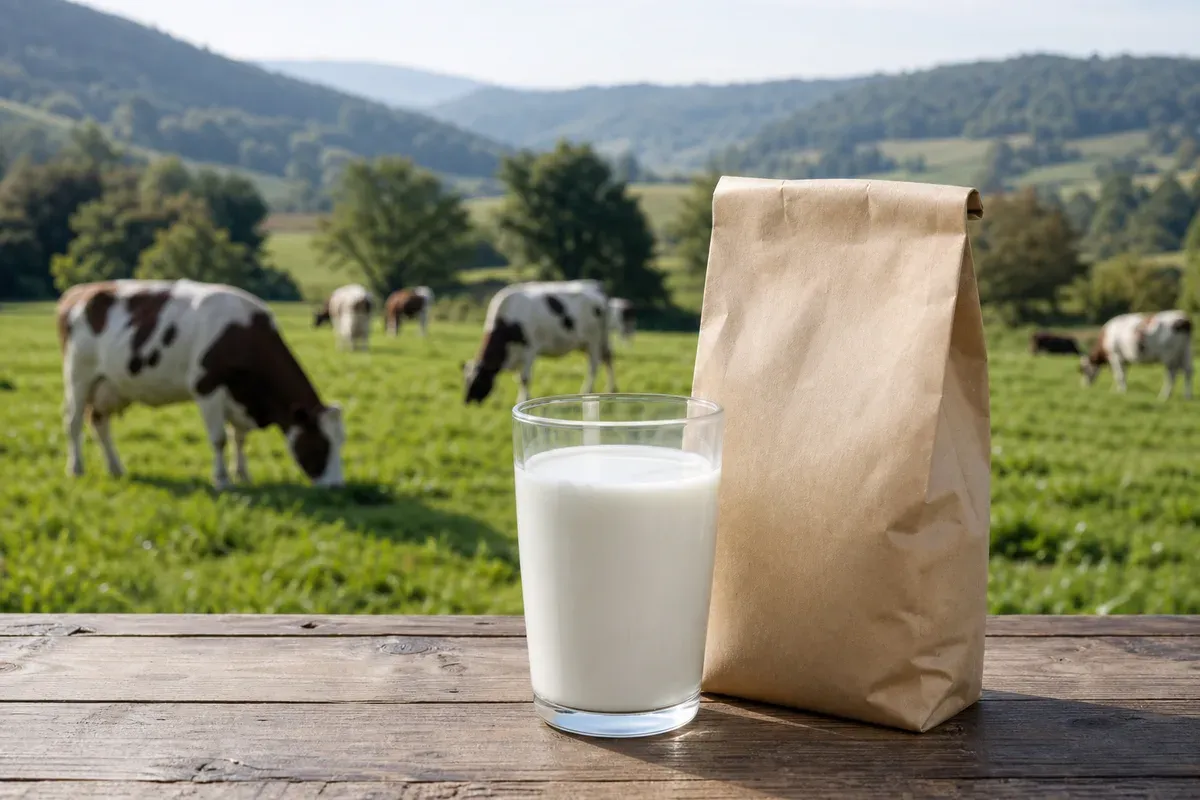 Vaches laitières au pâturage dans une prairie française de moyenne montagne, avec un verre de lait frais et un sachet de whey