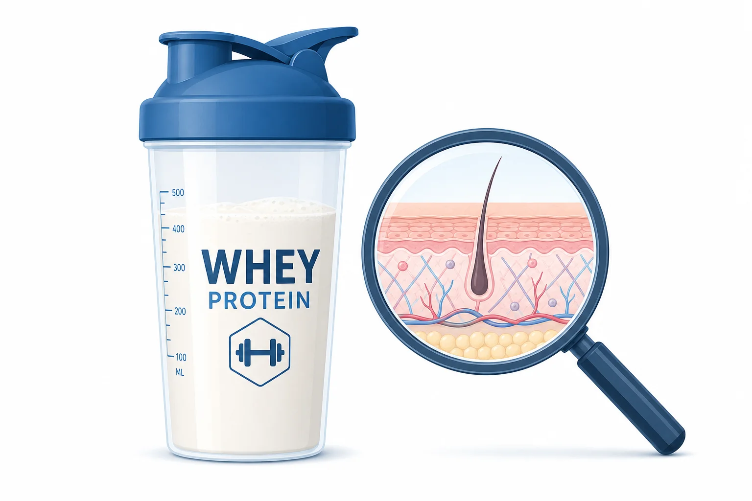 Shaker de whey protéine avec icône dermatologique, illustrant le lien entre whey et acné