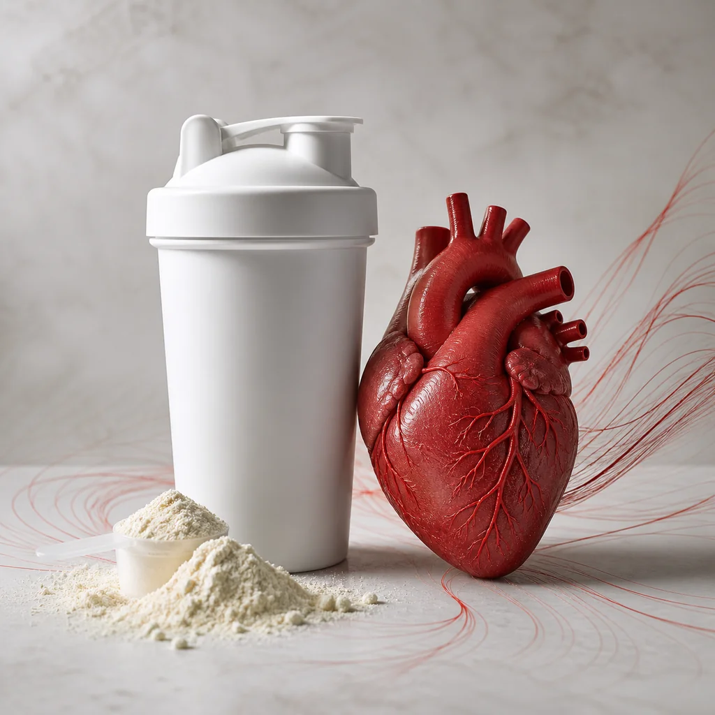 Shaker de whey blanc avec poudre protéinée et cœur anatomique rouge, symbole de santé cardiovasculaire