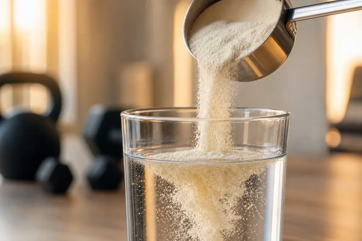 Poudre de whey ultra fine versée d'une dosette dans un verre d'eau — illustration de la solubilité d'une whey hydrolysée