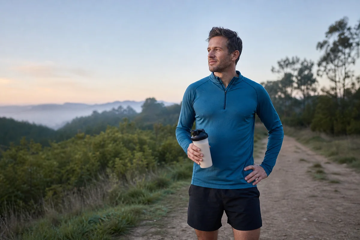 Coureur avec shaker de whey protéine après une sortie running, récupération post-entraînement en plein air