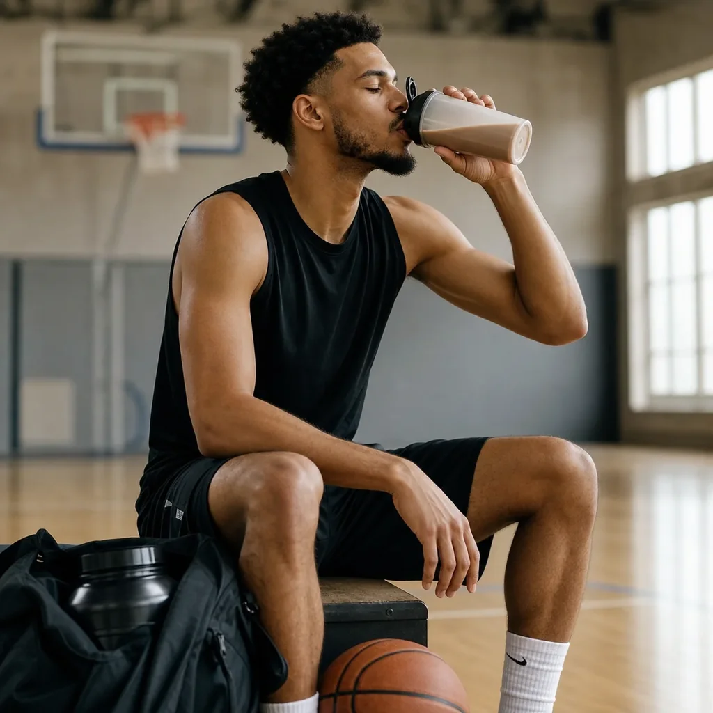Basketteur en action avec shaker de protéines — guide nutrition whey pour le basketball 2026
