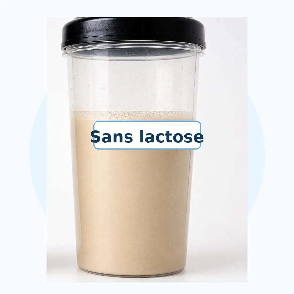 Shaker de whey isolate avec étiquette Sans lactose sur fond blanc et bleu clair, pour sportifs intolérants