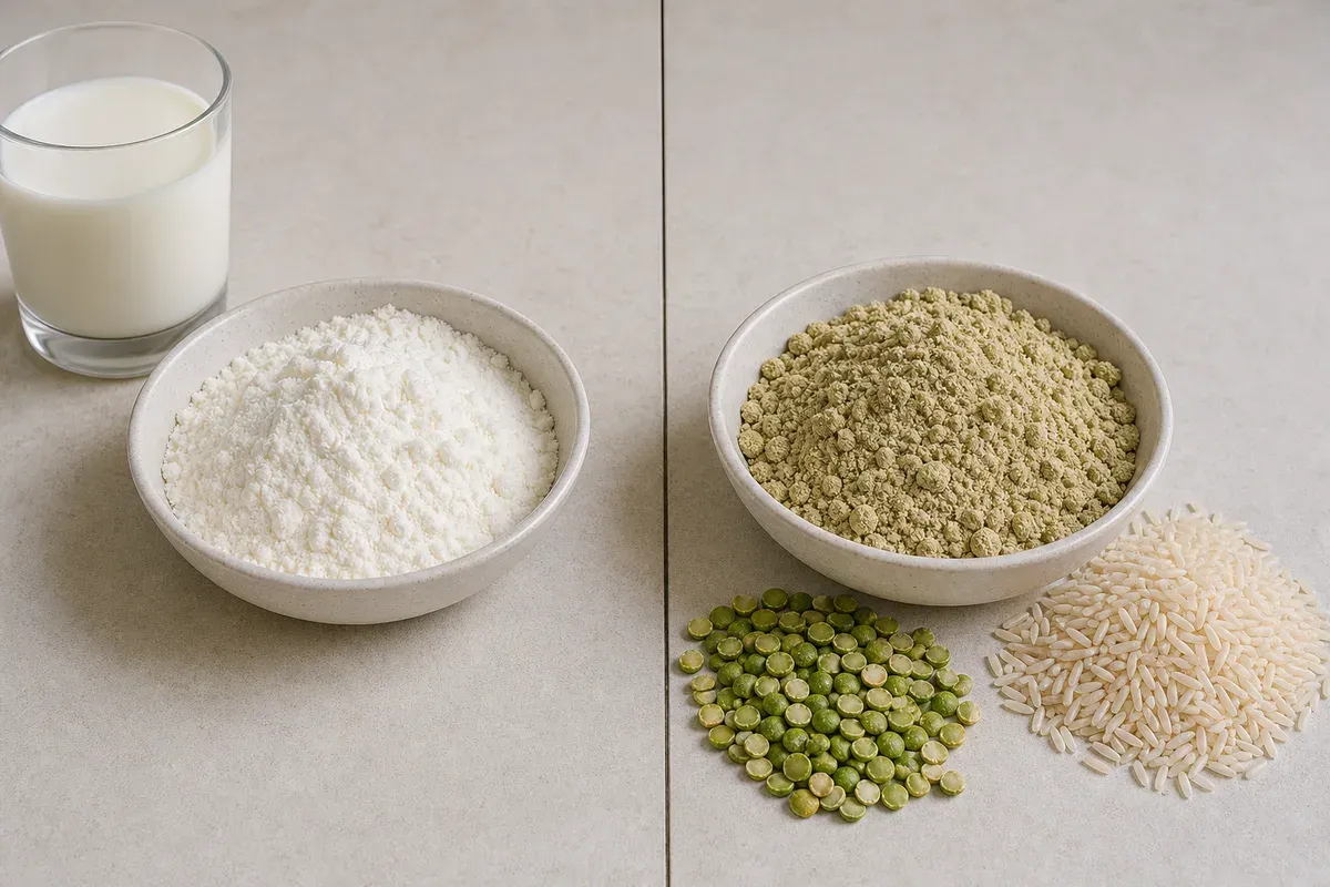 Comparaison côte à côte : poudre de whey lactée avec un verre de lait à gauche, poudre de protéine végétale avec pois et riz à droite